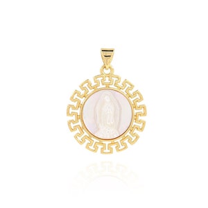 Natural Shell Virgin Mary Pendant Necklace, 18K Gold Filled Religious Jewelry, DIY Jewelry Making Supplies, Round Jewelry, 31x24x3.5mm