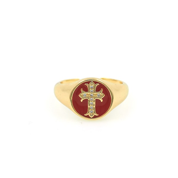 Enamel Cross Ring, Signet Cross Ring, 18K Gold Filled Adjustable Ring, Men's Ring, Religious Jewelry, DIY Jewelry CZ Ring, Mother's Day Gift