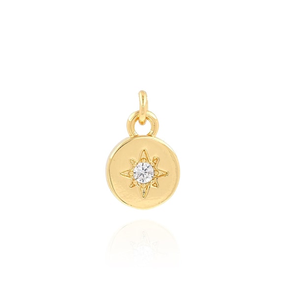 North Star Gold Disc Pendant,Single Zircon Star Pendant Necklace,DIY Jewelry Making Supplies,18K Gold Filled Starburst Charm, 8.5x13.5x1.8mm