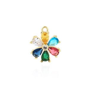 Colorful Zircon Flower Charm, DIY Jewelry Making Supplies, Botanical Charm, 18K Gold Filled Rainbow Flower Pendant Necklace, 15x18x4mm