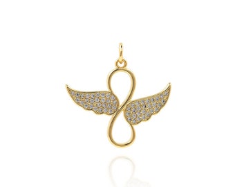Very Small Angel Wing Pendant Delicate Gold Bird Wing Double Angel Wing Pendant Micropave Infinity Charm 18K Gold Fill 25x25x1.5mm