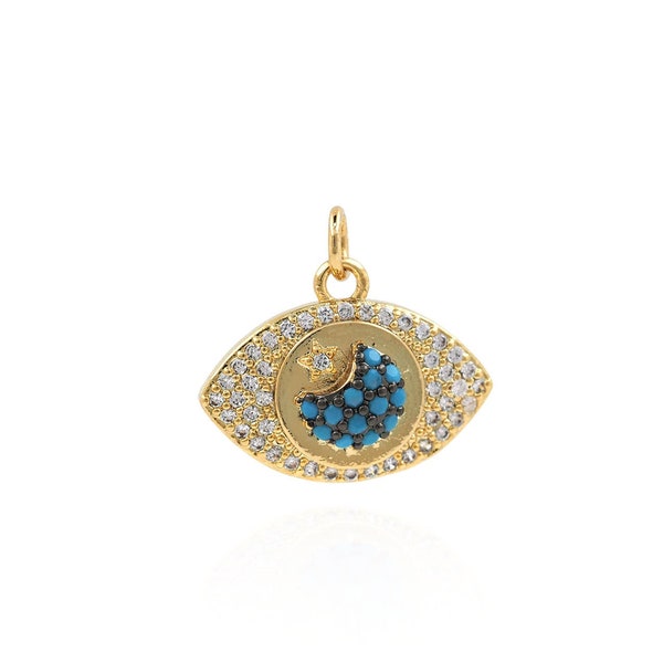 Cubic Zirconia Evil Eye Pendant 18K Gold Filled Eye Star Moon Jewelry DIY Bracelet Jewelry Making Celestial Charm Amulet 18.5x20.5x5mm