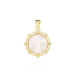 18K Gold Filled Religious Jewelry,Natural Shell Virgin Mary Necklace,DIY Jewelry Making Supplies,Micropaved Zircon Round Charm,29x21.5x3.5mm