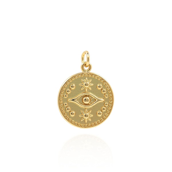 18k Gold Filled Evil Eye Pendant Gold Disc Evil Eye Layered Necklace Protection Necklace Good Luck Charm DIY Jewelry Making 22.5x17x2mm