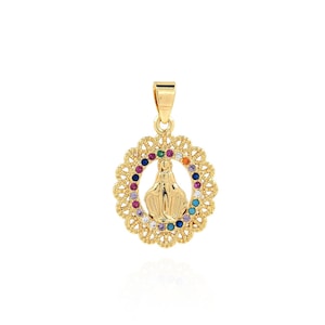 18K Gold Filled Oval Jewelry, Virgin Mary Charm, Colorful Zircon Religious Pendant Necklace, DIY Jewelry Making Supplies, 30x19x2.5mm