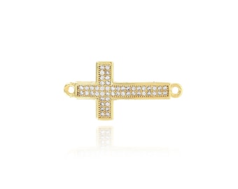 Religious Connector, 18K Gold Plated Cross Connector, Micropavé CZ Cross Connector, DIY Jewelry Making Accessories, 13.2x26.5x2mm
