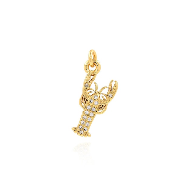 Gold Lobster Pendant Necklace, 18K Gold Filled Sea Life Jewelry, Micropaved Zircon Gourmet Charm, DIY Jewelry Making Supplies, 9x19.5x2.5mm