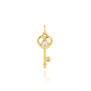 Heart Key Charm, Cubic Zirconia Gold Key Pendant, 18K Gold Filled Heart Key Necklace Pendant, DIY Jewelry Making Supplies, 7.5x20.5x2mm