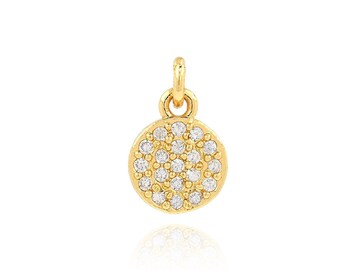 ゴールド ディスク チャーム ペンダント CZ、ディスク ネックレス、14K