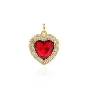 Colgante de corazón rojo, dije de corazón de cristal, joyería de amor chapada en oro de 18 quilates, collar de corazón de oro, suministros de joyería DIY, regalo del día de la madre, 22x16x7mm