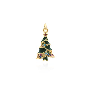 Urlaub Baum Charme, Emaille Weihnachtsbaum Charme, 18K Gold überzogene Zirkon grüner Baum Charmehalskette, DIY Schmuckherstellung Zubehör, 21x11x3mm