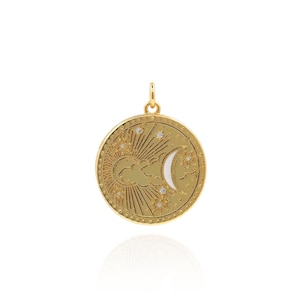 Sun Moon Necklace Moon Necklace Minimalist Sun Pendant Engraved Disc Personalized Necklace Gift for Her 18K Gold Fill 25x19.5x3mm