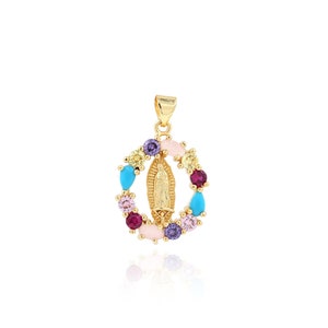 Colorful Zircon Virgin Mary Pendant Necklace, 18K Gold Filled Garland Charm, Christian Charm, DIY Jewelry Supplies, Round Charm, 28x18x3.5mm