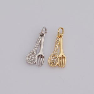 18K Gold Filled Spoon Pendant, Micro Pave CZ Fork Charms, DIY Jewelry Making Supplies，20x8.6x2mm