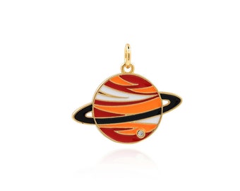 Enamel Saturn Pendant Necklace, Colorful Enamel Planet Charm, 18K Gold Plated Brass Space Astronomy Charm, DIY Jewelry Supplies, 20x23x1.5mm
