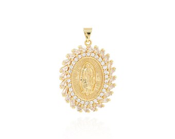 Collar con colgante de la Virgen María de circonita cúbica, dije ovalado lleno de oro de 18 quilates, colgante cristiano, suministros para hacer joyas DIY, 35x24x3,2 mm