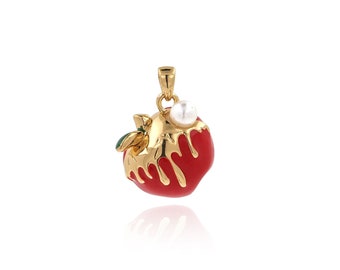Colgante de manzana relleno de oro de 18K, colgante de fruta de esmalte, encanto de fruta, encanto de perla, encanto de manzana, fabricación de joyas diy, 22x15.5x8 mm