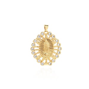 18K Gold Filled Virgin Mary Pendant Necklace,Openwork Charm,Zircon Religious Jewelry，Oval Charm,DIY Jewelry Making Supplies,35.5x27.5x4.5mm
