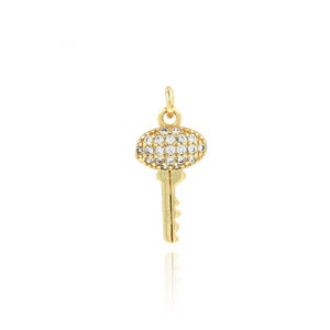 Cubic Zirconia Gold Key Pendant, 18K Gold Filled Key Necklace Pendant, Mini Gold Key Charm, DIY Jewelry Making Supplies, 8.5x19x2.7mm