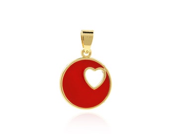 Collar con colgante de moneda redonda con esmalte de corazón relleno de oro de 18 quilates, regalos para mujeres, joyería romántica, dije de disco, suministros de joyería DIY, 26x17x1,8mm