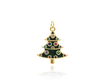 Enamel Christmas Tree Charm, 18K Gold Plated Winter Charm, Micropaved CZ Green Tree Pendant, DIY Jewelry Making Christmas Charm, 22x16x2.5mm