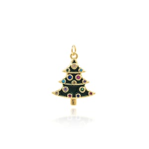 Enamel Christmas Tree Charm, 18K Gold Plated Winter Charm, Micropaved CZ Green Tree Pendant, DIY Jewelry Making Christmas Charm, 22x16x2.5mm