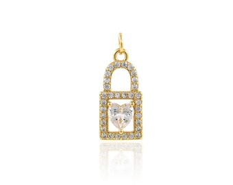 18k Yellow Gold Stuffed Pave Lock Pendant Necklace Women's Lock Charm Minimalist Mother's Day Gift Micropave Key Lock Charm 9.5x24x4.5mm