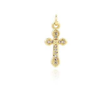 Dainty Cross Charm, Cubic Zirconia Christian Pendant Necklace, 18K Gold Filled Comunion Gift, DIY Jewelry Making Supplies, 19x8.3x2.8mm