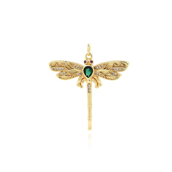 Emerald Dragonfly Necklace Pendant, 18K Gold Filled Dragonfly Charm, Flying Charm, Insect Pendant, DIY Jewelry Making Supplies, 35x32x3.5mm