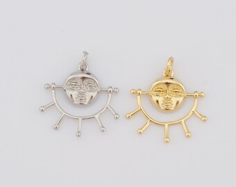 18K Gold Filled Sun Pendant, Face Charms, DIY Jewelry Making Supplies，24.3x21.3x2.8mm
