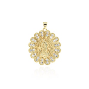 Gold Disc Charm, Sparkling Crystal Virgin Mary Pendant Necklace, 18K Gold Filled Religious Jewelry,DIY Jewelry Making Supplies,35.5x27x2.2mm