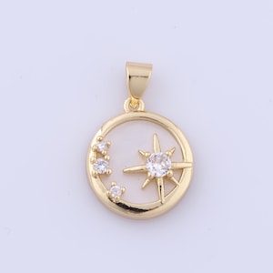 18K Gold Filled Runder Anhänger, Micro Pave CZ Starburst Charms, Perlmutt Charms, DIY Schmuckherstellung ， 21x14x4,7 mm