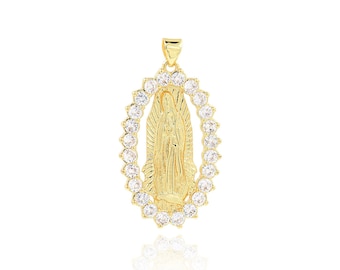 Collana con ciondolo religioso in oro 18 carati, gioielli in cristallo scintillante Vergine Maria, ciondolo ovale in oro, forniture per gioielli fai da te, 39x21x2,7 mm