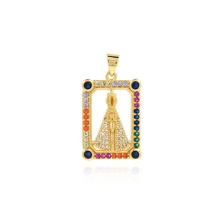18K Gold Filled Faith Jewelry, Gold Square Charm,Micro Pave Colored Zircon Pope Pendant Necklace,DIY Jewelry Making Supplies,30.5x17.5x4.5mm