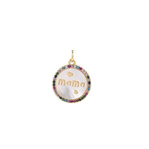 Pingente redondo com preenchimento de ouro 18K, pingente com letra CZ micropavé, pingente de mãe, pingente de amor, pingente redondo, pingente de concha, fabricação de joias faça você mesmo, 21,4 x 16,2 x 2,4 mm
