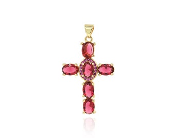 Collana con ciondolo a croce in cristallo colorato, ciondolo a croce semplice riempito in oro 18 carati, regalo per battesimo, materiali per la creazione di gioielli fai da te, 40x20,5 x 5 mm
