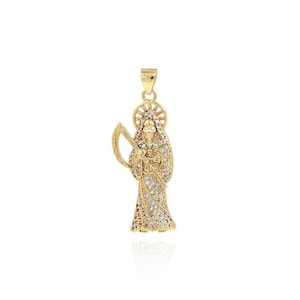 Figure Pendant,18K Gold Filled Grim Reaper Pendant Necklace, Micropavé CZ Reaper and Scythe Charm, DIY Jewelry Making Supplies,36.5x13x3.5mm
