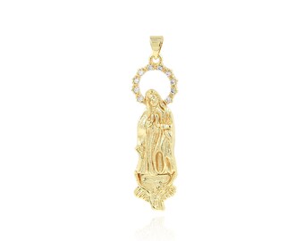 Collana con ciondolo Vergine Maria con zirconi cubici, oro 18 carati pieno di fascino religioso, gioielli Guadalupe, forniture per gioielli fai da te, 47x12,5x3,6 mm