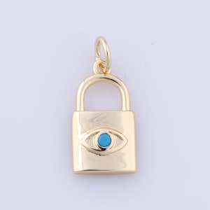 May include: Gold padlock charm with a blue evil eye design.