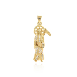 18K Gold Filled Grim Reaper Pendant Necklace, Micropavé CZ Reaper and Scythe Charm, DIY Jewelry Making Supplies, Figure Pendant, 37x14x3.3mm