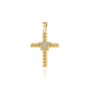 18K Gold Filled Star Charm, Cubic Zirconia Gold Cross Pendant Necklace, Religious Jewelry, DIY Jewelry Making Supplies, 42x26x3mm