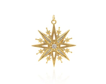 Eight Pointed Star Pendant, 18K Gold Plated North Star Necklace Pendant, Starburst Charm, DIY Jewelry Making Crystal Star Charm, 41x34.5x4mm