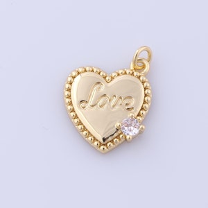Colgante de corazón relleno de oro de 18 quilates, dijes de amor con circonita cúbica, dijes de letras, fabricación de joyas DIY, 18,3 x 14,6 x 3,2 mm