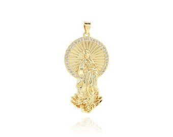Cubic Zirconia Virgin Mary Jewelry, Sunburst Charm, 18K Gold Filled Collana con ciondolo religioso, Forniture per la creazione di gioielli fai-da-te, 46,5x23x4,2mm