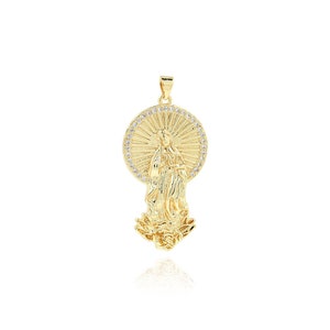 Cubic Zirconia Virgin Mary Jewelry, Sunburst Charm, 18K Gold Filled Religious Pendant Necklace, DIY Jewelry Making Supplies, 46.5x23x4.2mm