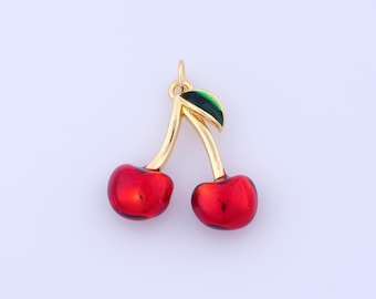 18K Gold Filled Cherry Pendant,Fruit Charms, Enamel Charms，DIY Jewelry Making,26x21x7.4mm