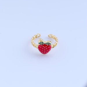 18 kt gold filled aardbeiring, ring met zirkonia&#39;s, emaille aardbeiring, modering, cadeau voor haar