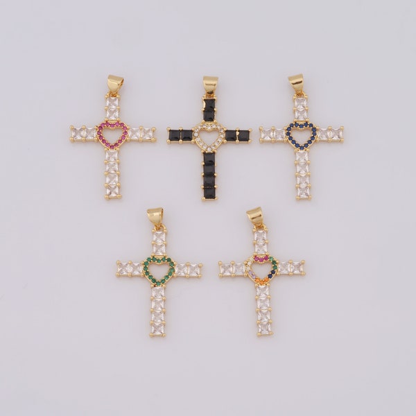 18K Gold Filled Cross Pendant, Micro Pave CZ Heart Charms, Religious Charms, Christian Charms, DIY Jewelry Making，35x23x3mm