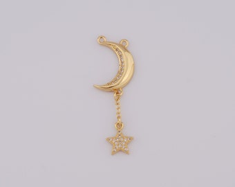 18K Gold Filled Moon Pendant, Micropavé CZ Star Charms, Celestial Charms, Tassel Charms, DIY Jewelry Making，46x15x9mm