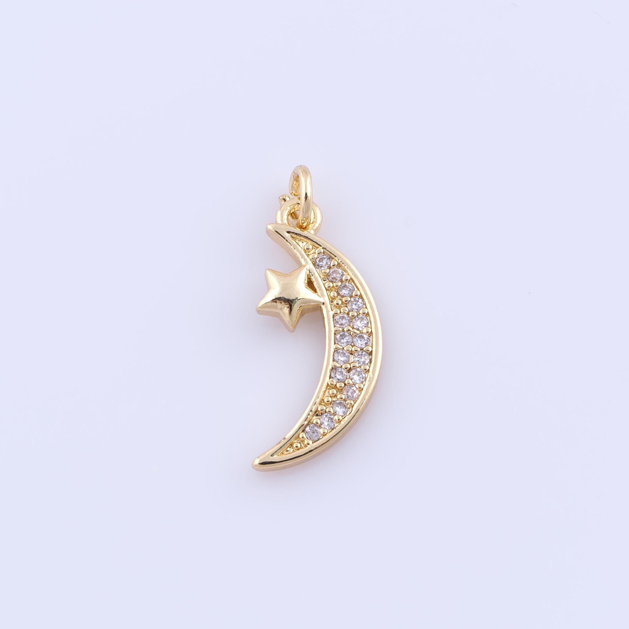 18K Gold Filled Moon Pendant, Micropavé CZ Star Charms, Celestial Charms, DIY Jewelry Making,23x9x2.2mm